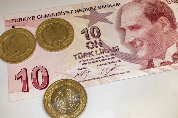 Nahaufnahme Der Türkischen Banknote Mit Türkischen Münzen — Stockfoto