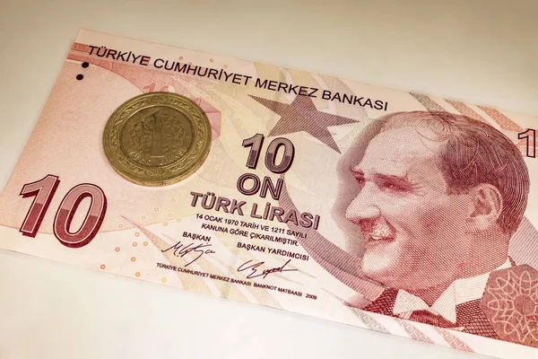 Nahaufnahme Der Türkischen Banknote Mit Türkischen Münzen — Stockfoto