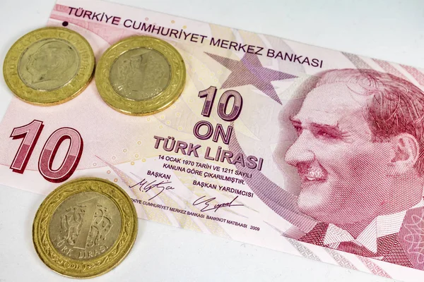 Close Van Turkse Bankbiljet Met Turkse Munten — Stockfoto