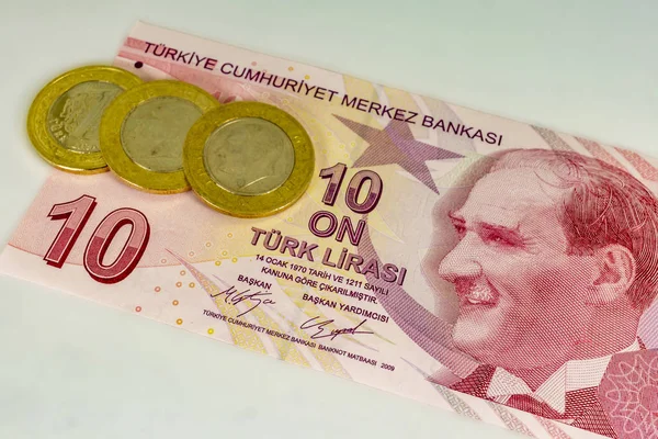 Close Van Turkse Bankbiljet Met Turkse Munten — Stockfoto