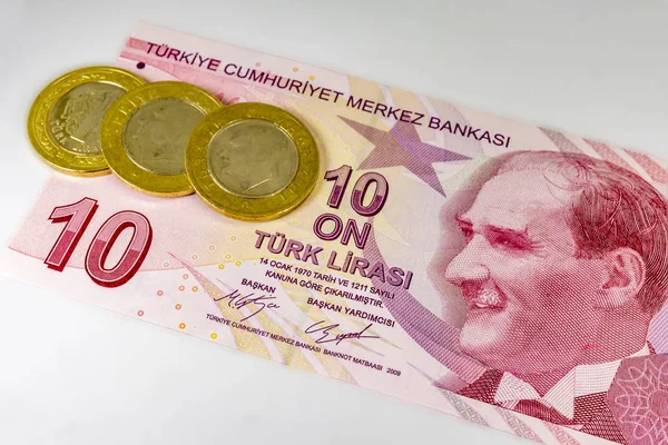 Nahaufnahme Der Türkischen Banknote Mit Türkischen Münzen — Stockfoto