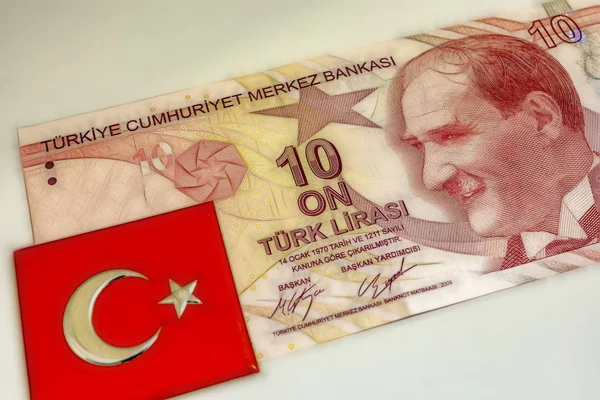 Nahaufnahme Der Türkischen Banknote Mit Türkischer Flagge — Stockfoto