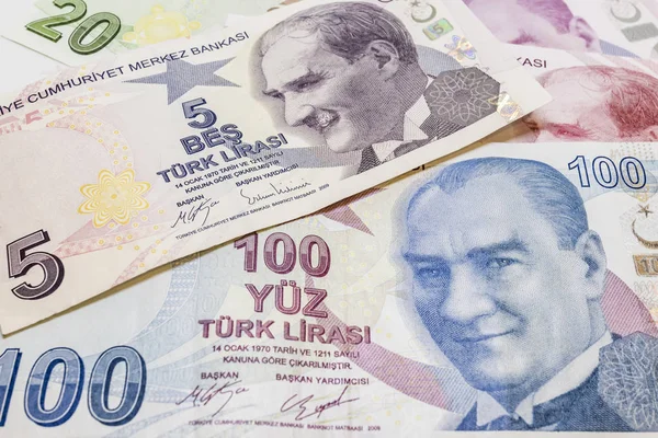 Закрыть Банкноты Монеты Турецкой Лиры Обращении — стоковое фото