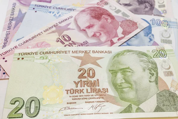 Närbild Turkiska Lira Sedlar Och Mynt Circulaton — Stockfoto