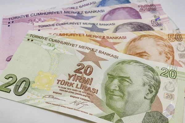 Закрыть Банкноты Монеты Турецкой Лиры Обращении — стоковое фото