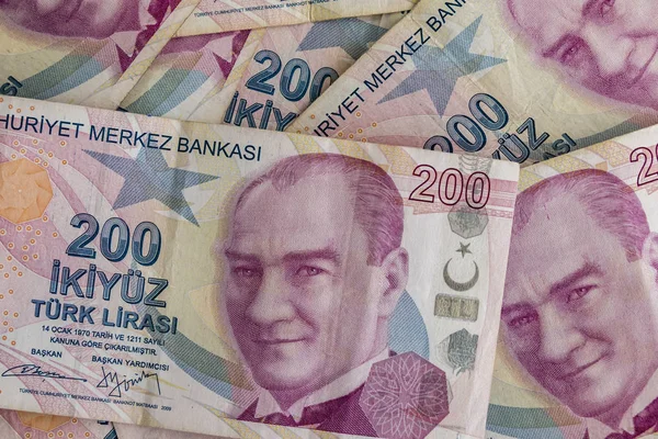 Fechar Duzentas Notas Lira Turcas Circulação — Fotografia de Stock