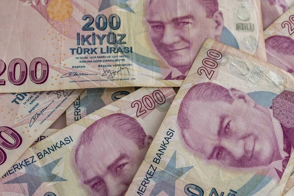 Close Two Hundred Turkish Lira Banknotes Circulation — Stock Photo, Image