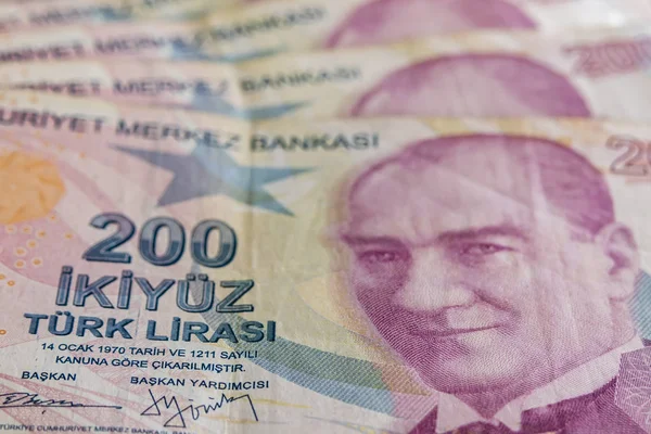 Close Two Hundred Turkish Lira Banknotes Circulation — Stock Photo, Image