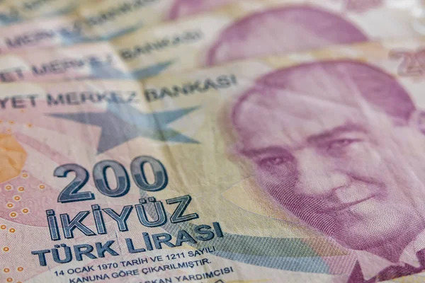 Fermer Deux Cents Billets Lires Turques Circulation — Photo