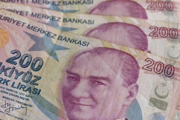 Närbild Tvåhundra Turkiska Lira Sedlar Omlopp — Stockfoto