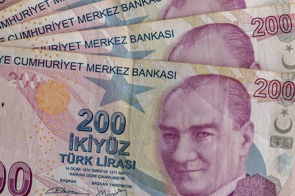 Närbild Tvåhundra Turkiska Lira Sedlar Omlopp — Stockfoto