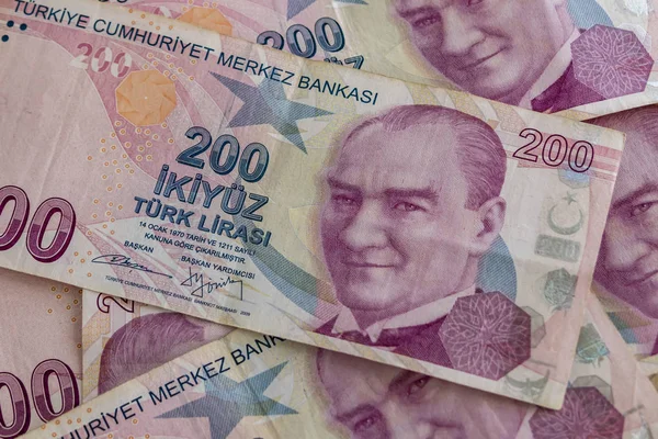 Close Van Twee Honderd Turkse Lire Bankbiljetten Omloop — Stockfoto