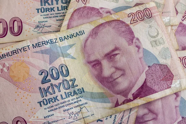 Закрыть 200 Банкнот Турецкой Лиры Обращении — стоковое фото