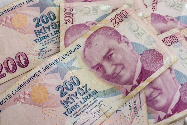 Close Two Hundred Turkish Lira Banknotes Circulation — Stock Photo, Image