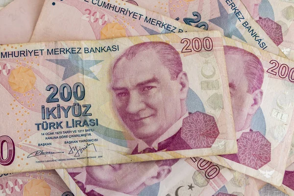Close Two Hundred Turkish Lira Banknotes Circulation — Stock Photo, Image