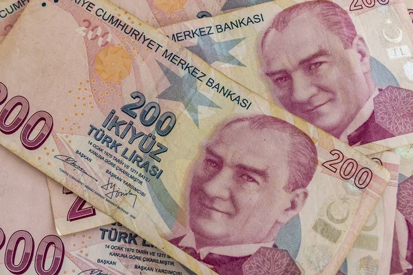 Fermer Deux Cents Billets Lires Turques Circulation — Photo