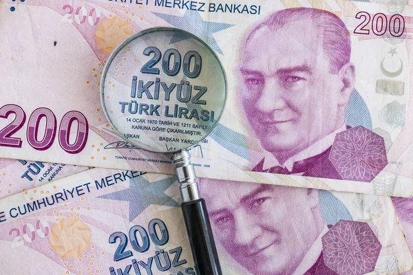 Fermer Deux Cents Billets Lires Turques Circulation — Photo