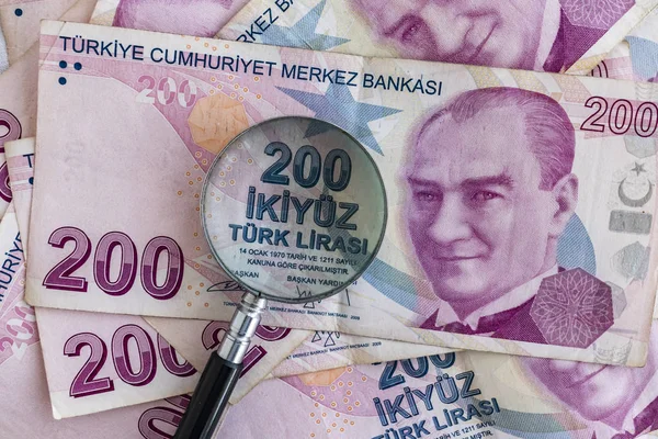 Zamknij Się Dwieście Turecka Lira Banknoty Obiegu — Zdjęcie stockowe