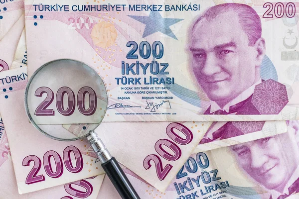 Närbild Tvåhundra Turkiska Lira Sedlar Omlopp — Stockfoto