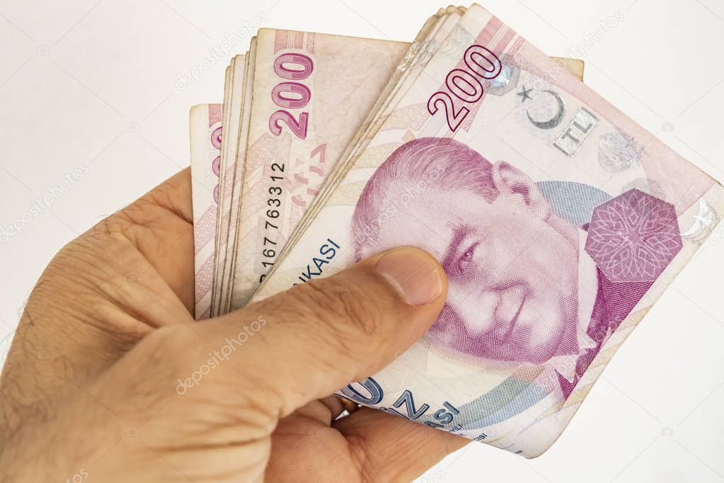 close up two hundred turkish lira banknotes in circulation