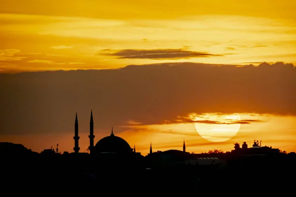 Lever Soleil Silhouette Ville Avec Mosquée Istanbul — Photo