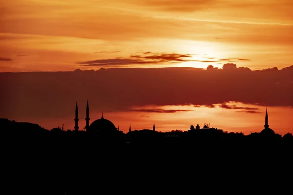 Lever Soleil Silhouette Ville Avec Mosquée Istanbul — Photo