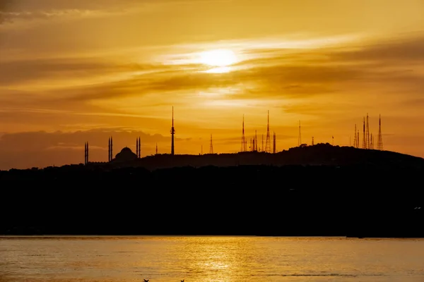 sunrise and city silhouette with mosque in istanbul
