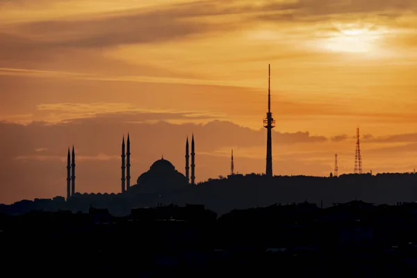 Lever Soleil Silhouette Ville Avec Mosquée Istanbul — Photo