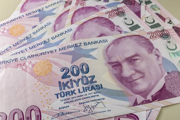 Κλείστε 200 Τουρκικές Λιρέτες Μεγαλύτερο Τραπεζογραμμάτιο Της Τουρκικής Οικονομίας — Φωτογραφία Αρχείου