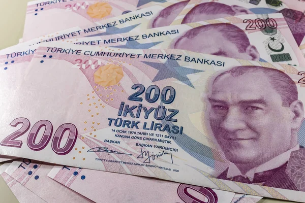 Schließen Zweihundert Türkische Lira Die Größte Banknote Der Türkischen Wirtschaft — Stockfoto