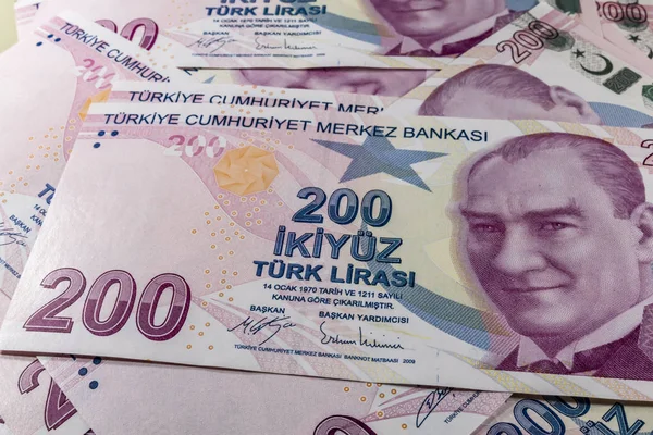 Schließen Zweihundert Türkische Lira Die Größte Banknote Der Türkischen Wirtschaft — Stockfoto