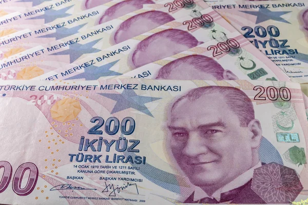 Schließen Zweihundert Türkische Lira Die Größte Banknote Der Türkischen Wirtschaft — Stockfoto