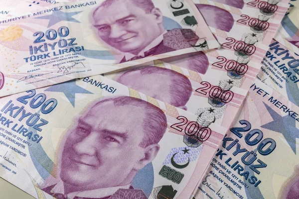 Schließen Zweihundert Türkische Lira Die Größte Banknote Der Türkischen Wirtschaft — Stockfoto