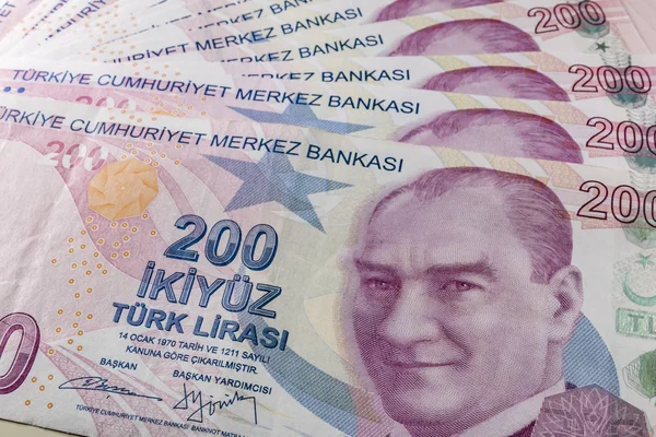 Schließen Zweihundert Türkische Lira Die Größte Banknote Der Türkischen Wirtschaft — Stockfoto