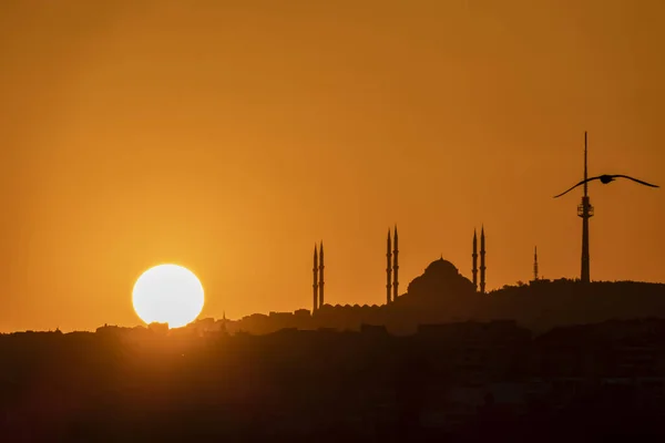 Camlica Istanbul Turkey May 2019 Amanecer Silueta Ciudad Con Mezquita —  Fotos de Stock