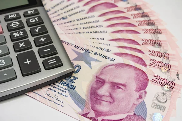 The highest money denominations of the republic of turkey. close up two hundred turkish lira banknotes