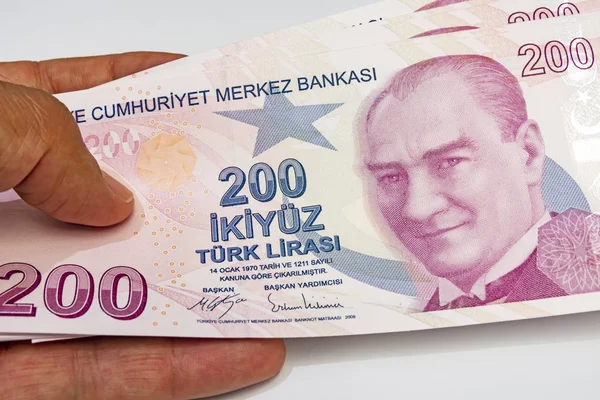 Najwyższe Nominacje Pieniężne Republiki Turcji Zbliżenie 200 Banknoty Lira Turecka — Zdjęcie stockowe