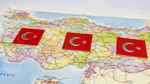 close up turkish flags on turkey map.