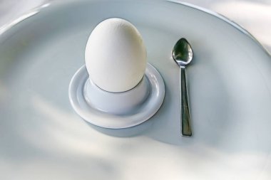 beyaz tabakta küçük kaşıkla egg cup yakın