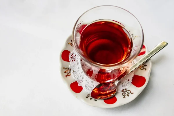 Turkish Tea Glass Cup Patterned Little Plate White Background — Stock Photo, Image