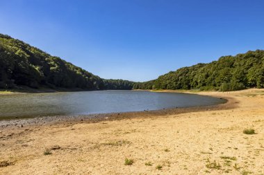 Sariyer, İstanbul, 13 Ağustos 2019. Belgrad Ormanı 'ndaki ağaçlar arasında gölet. Yaz mevsiminde doğal afet..