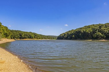Sariyer, İstanbul, 13 Ağustos 2019. Belgrad Ormanı 'ndaki ağaçlar arasında gölet. Yaz mevsiminde doğal afet..