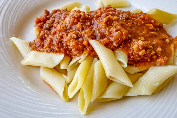 Listo Para Comer Pasta Con Salsa Tomate —  Fotos de Stock