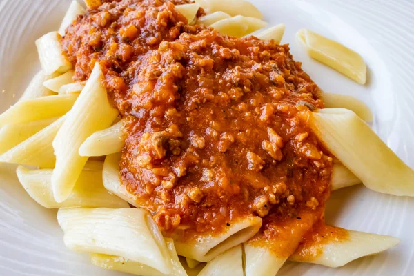 Listo Para Comer Pasta Con Salsa Tomate —  Fotos de Stock