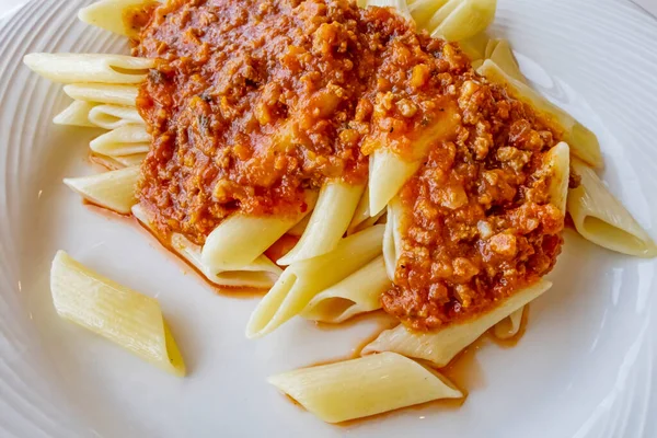 Listo Para Comer Pasta Con Salsa Tomate —  Fotos de Stock