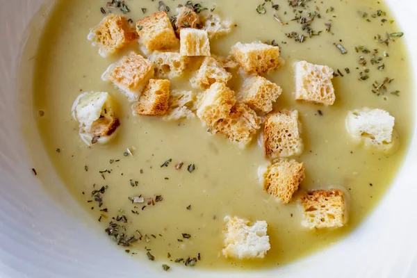 Hot soup with crunchy bread and thyme — Stock Image Hot Soup Crunchy Bread Thyme Stock Image