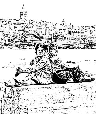 A black and white version of a sketch of a young woman sitting on the embankment in Istanbul, Turkey clipart