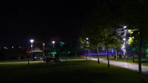 Personas Que Hacen Picnic Zona Picnic Por Noche Noche Parque — Vídeos de Stock