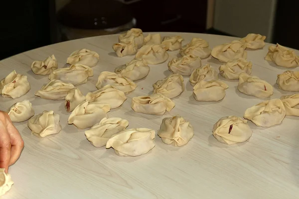 Preparação Ravioli Usbeque Massa Com Pino Rolamento Massa Para Fazer — Fotografia de Stock