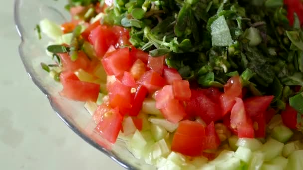 Porcsin Paradicsomsaláta Saláták Fogyasztása Egészséges Életért — Stock videók